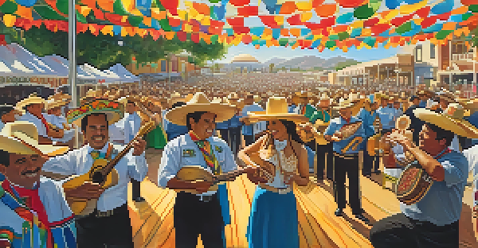 A lively festival scene showcasing families enjoying Mexican food and mariachi bands performing on stage under bright sunlight.