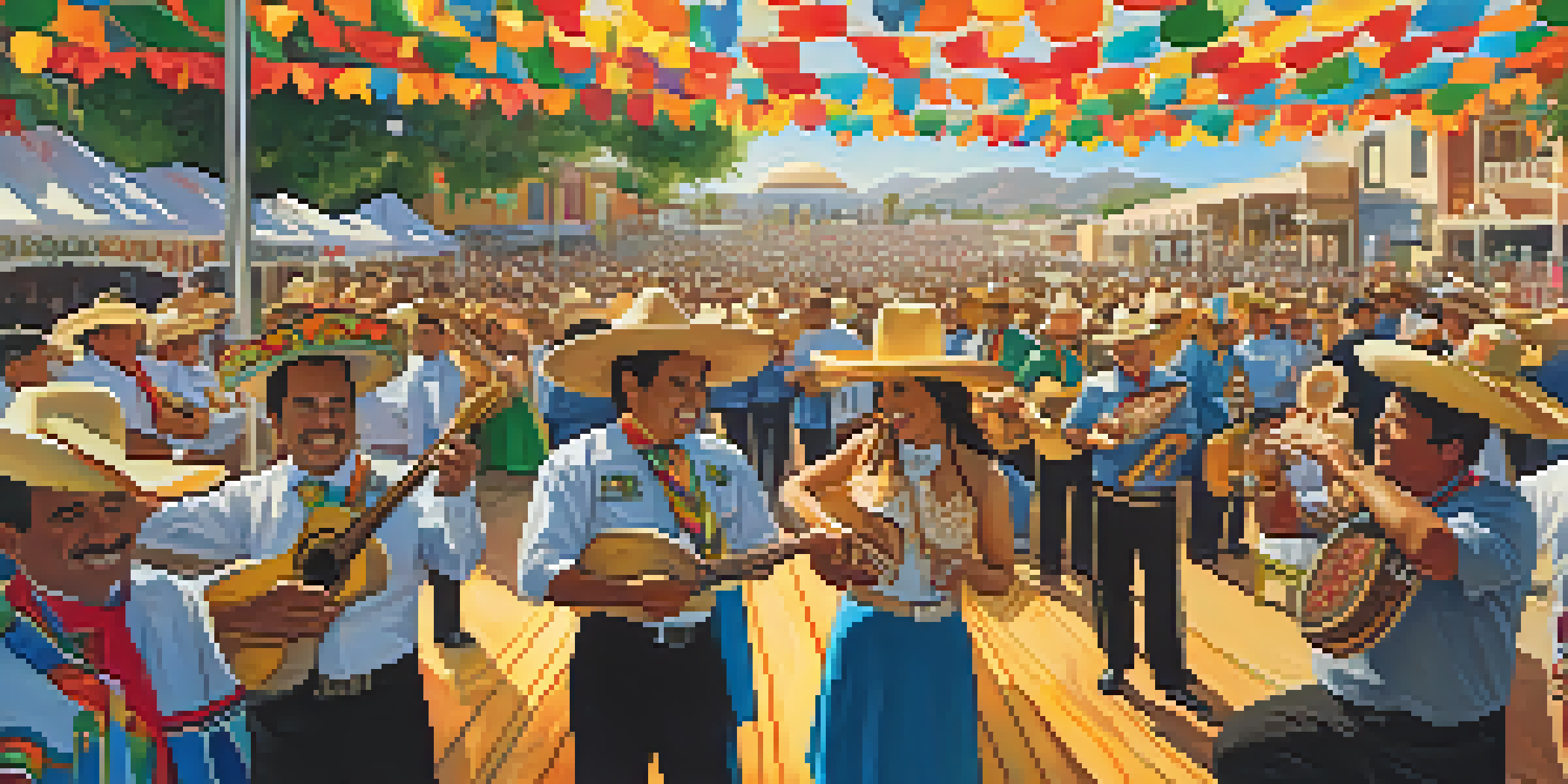 A lively festival scene showcasing families enjoying Mexican food and mariachi bands performing on stage under bright sunlight.