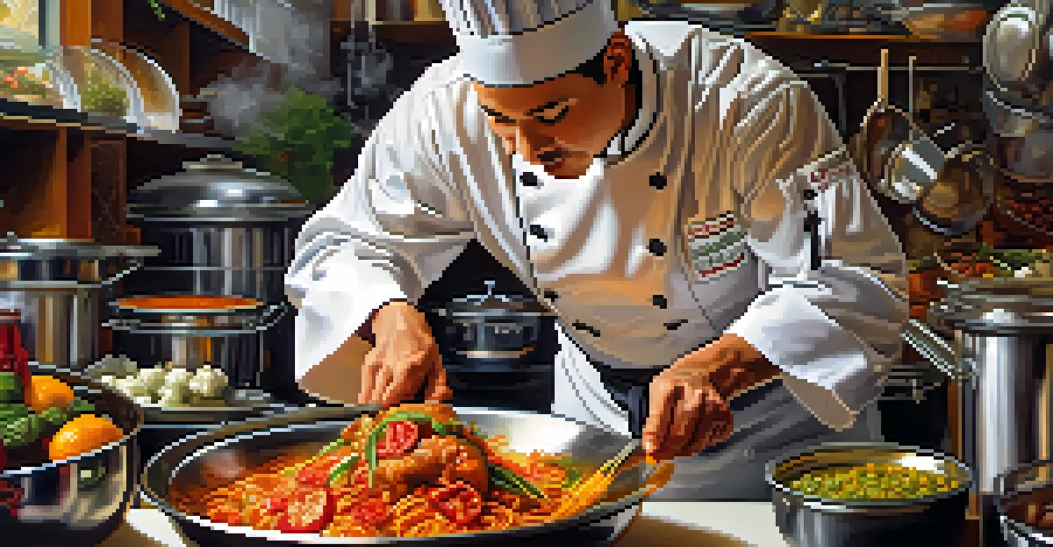 A close-up of a chef in a busy kitchen preparing a traditional dish, showcasing a vibrant mix of ingredients from different cultures, reflecting culinary creativity.