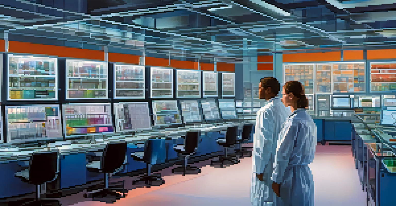 A detailed view of a biotechnology lab where a researcher is using genomic sequencing technology surrounded by screens and laboratory materials.