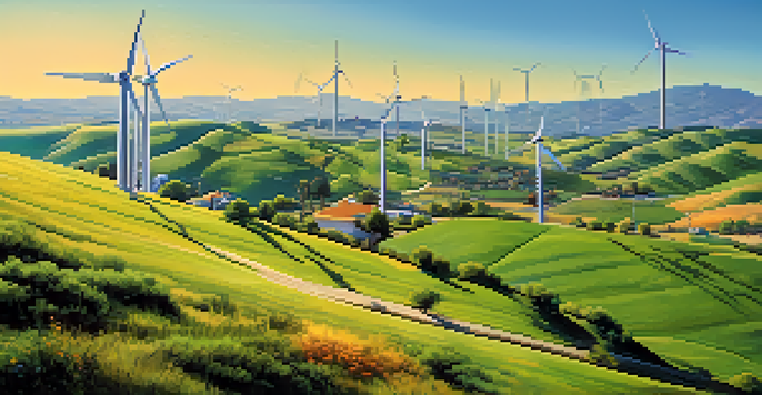 A wind farm in San Jose with turbines and community members discussing renewable energy.