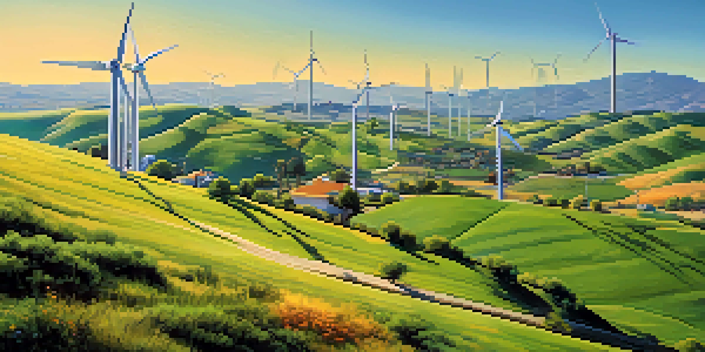 A wind farm in San Jose with turbines and community members discussing renewable energy.