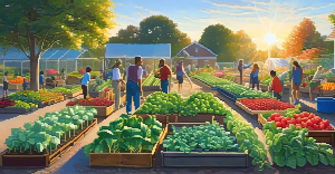 A community garden with diverse people gardening at sunrise, surrounded by colorful fruits, vegetables, and flowers, under a clear blue sky.