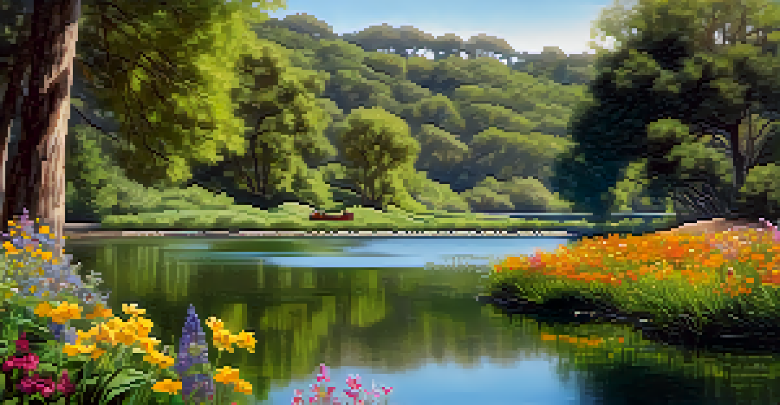 A serene view of Vasona Lake with wildflowers, ducks on the water, and families picnicking.