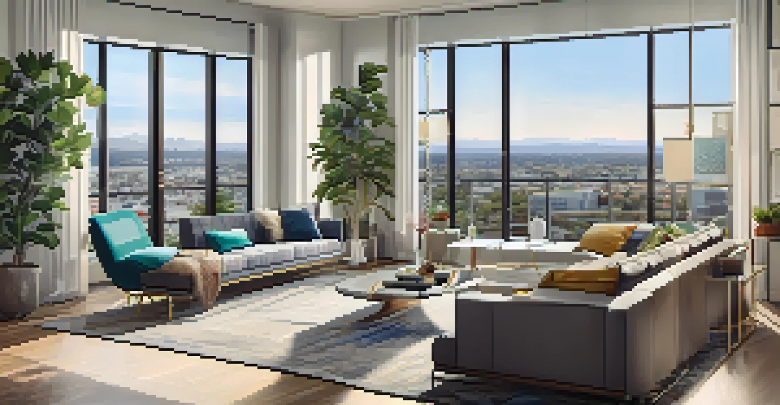 A modern interior of an apartment in downtown San Jose with contemporary furniture and city views.
