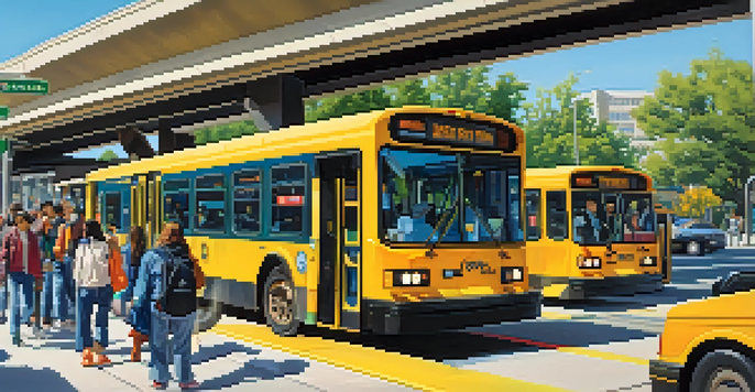A busy public transit station in San Jose with people of different ages and abilities, tactile paths, and colorful low-floor buses under a clear blue sky.