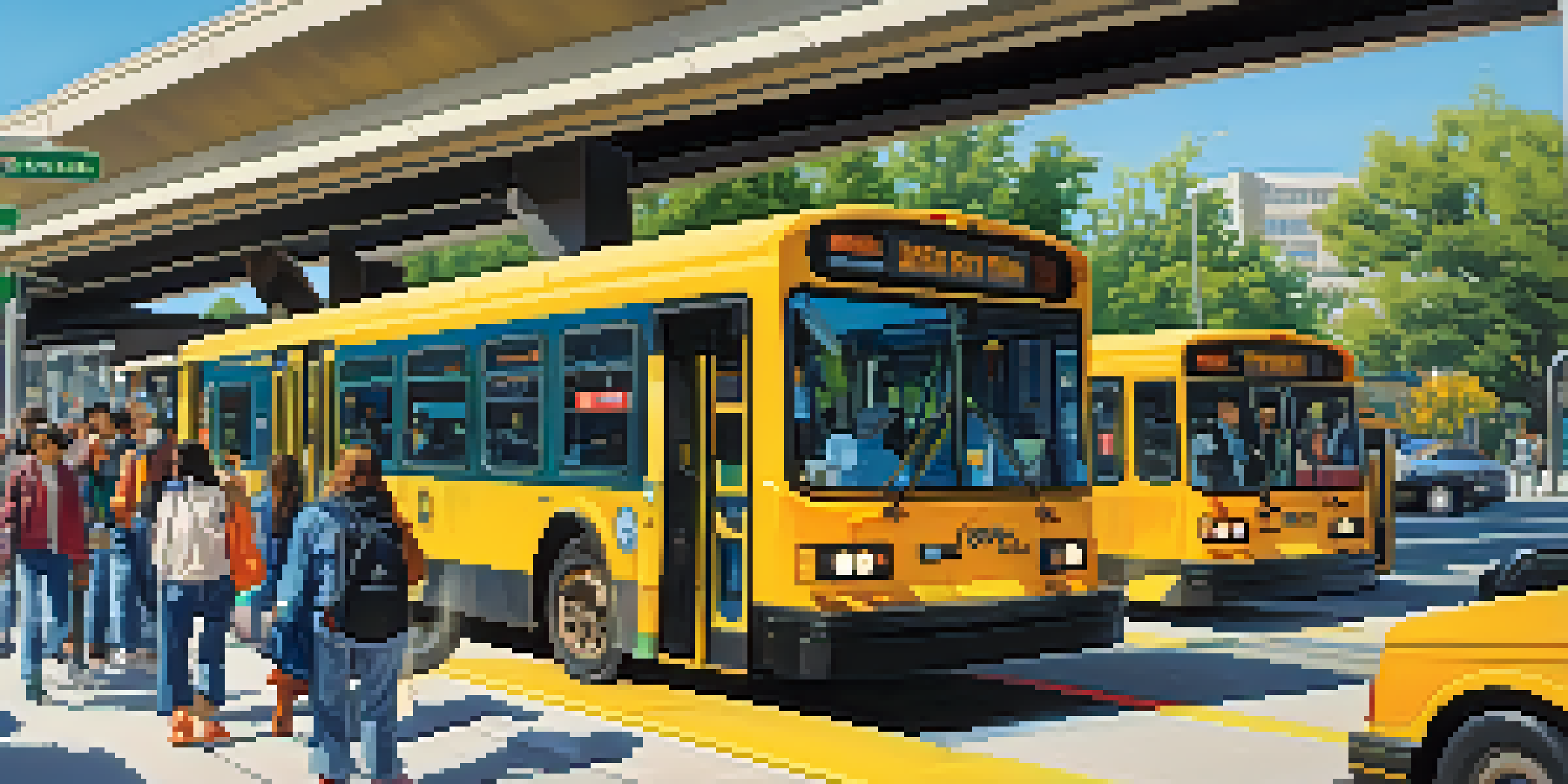A busy public transit station in San Jose with people of different ages and abilities, tactile paths, and colorful low-floor buses under a clear blue sky.