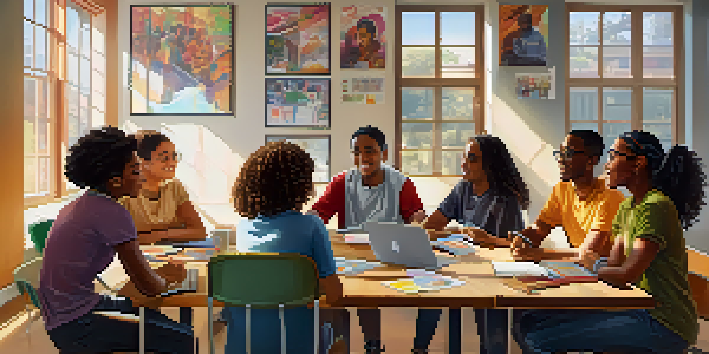 A diverse group of young people discussing ideas at a table in a bright classroom, representing youth leadership and inclusivity.