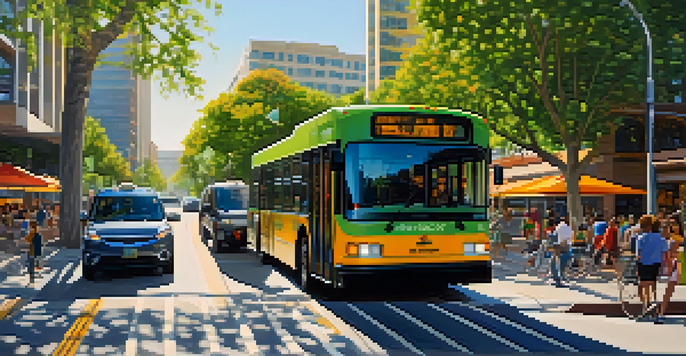 A busy San Jose street with an electric bus in a dedicated lane, green trees, and pedestrians.