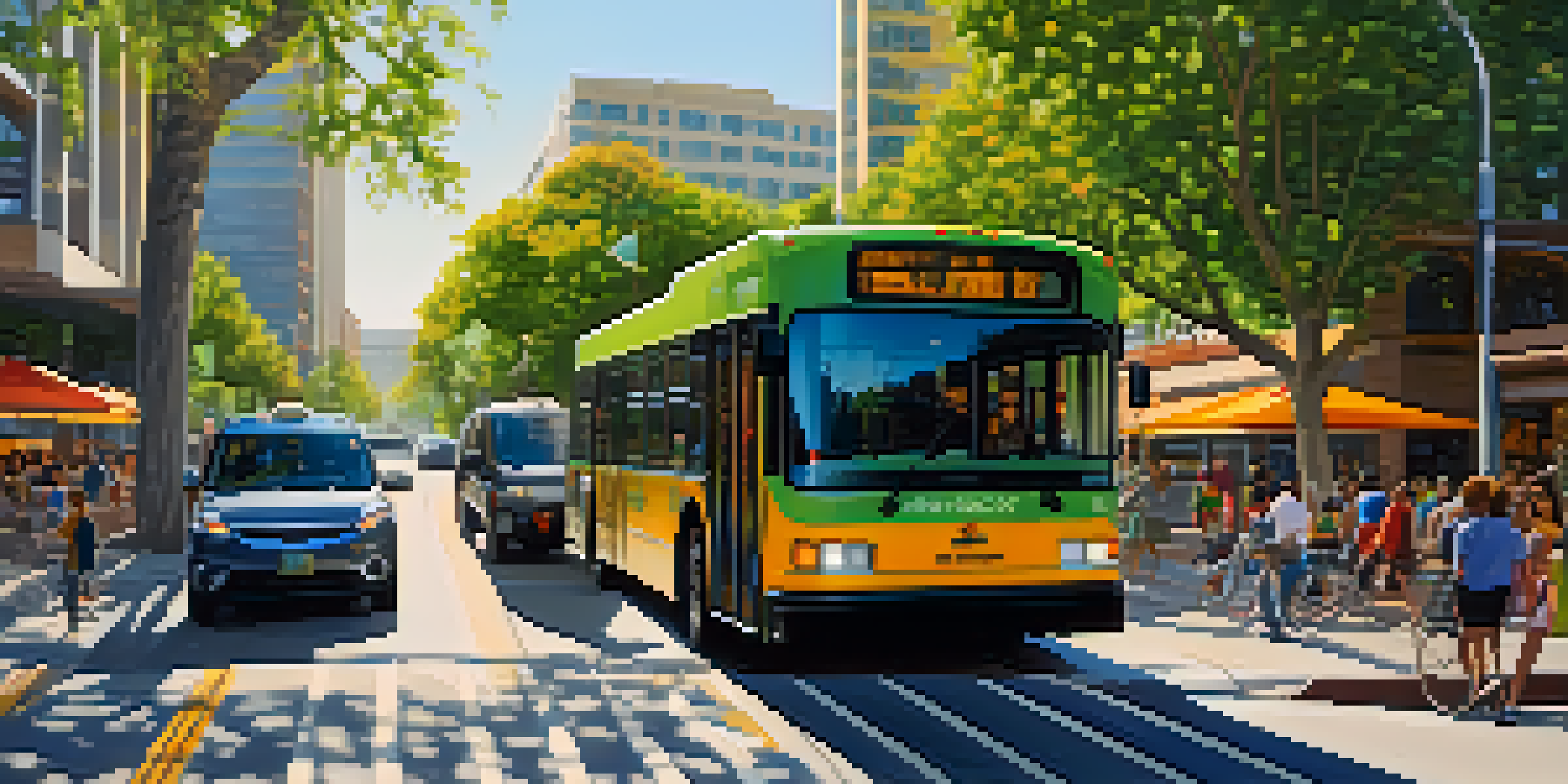 A busy San Jose street with an electric bus in a dedicated lane, green trees, and pedestrians.