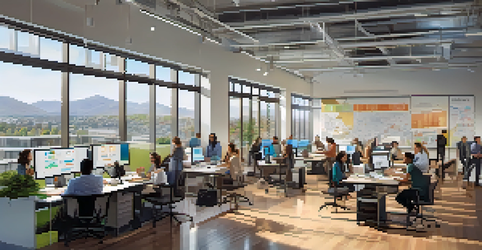 A diverse group of professionals collaborating in a modern tech startup office with large screens and natural light.