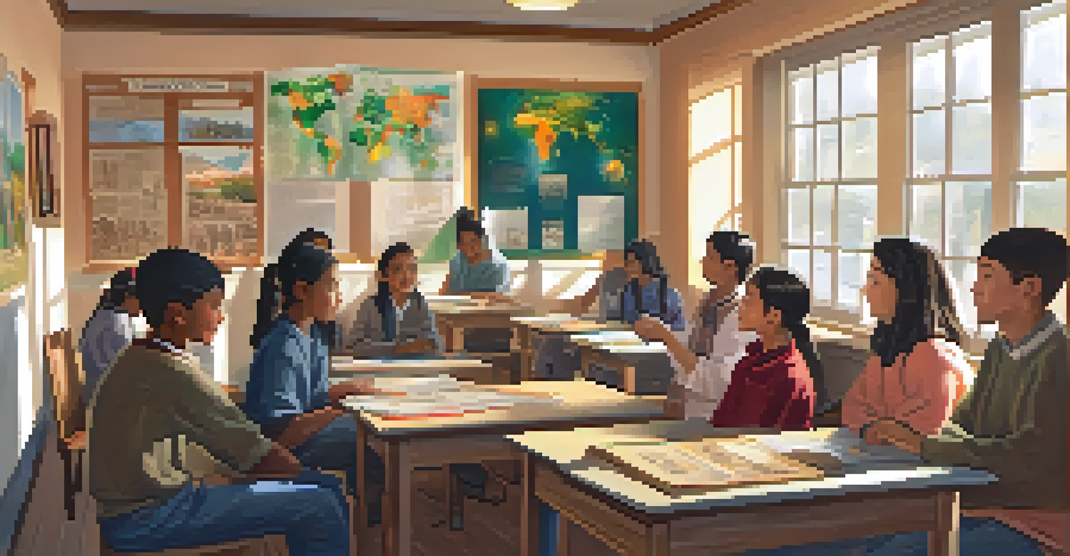 Students from different backgrounds participating in a cultural dialogue in a classroom, surrounded by posters and art that represent various cultures.