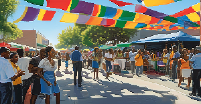 A lively street festival in San Jose celebrating African American culture with artists, musicians, and diverse attendees.