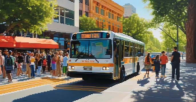 A San Jose public transit bus at a busy stop with diverse pedestrians and colorful storefronts in the background, under warm sunlight.