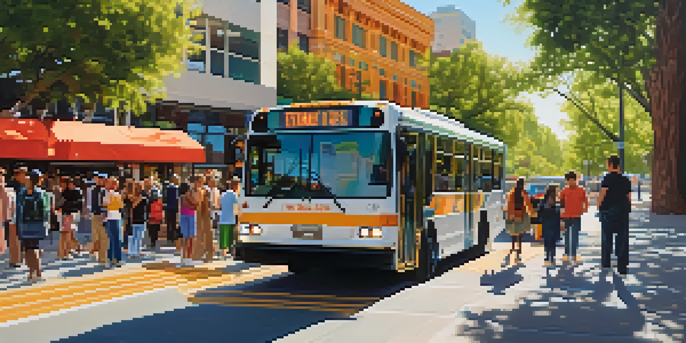 A San Jose public transit bus at a busy stop with diverse pedestrians and colorful storefronts in the background, under warm sunlight.