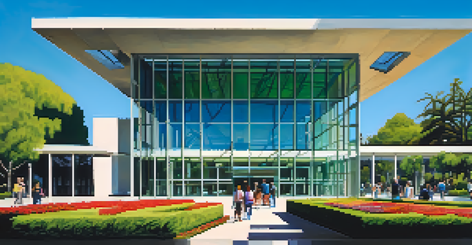 An image of the San Jose Museum of Art with modern architecture, surrounded by greenery and flowers under a clear blue sky.