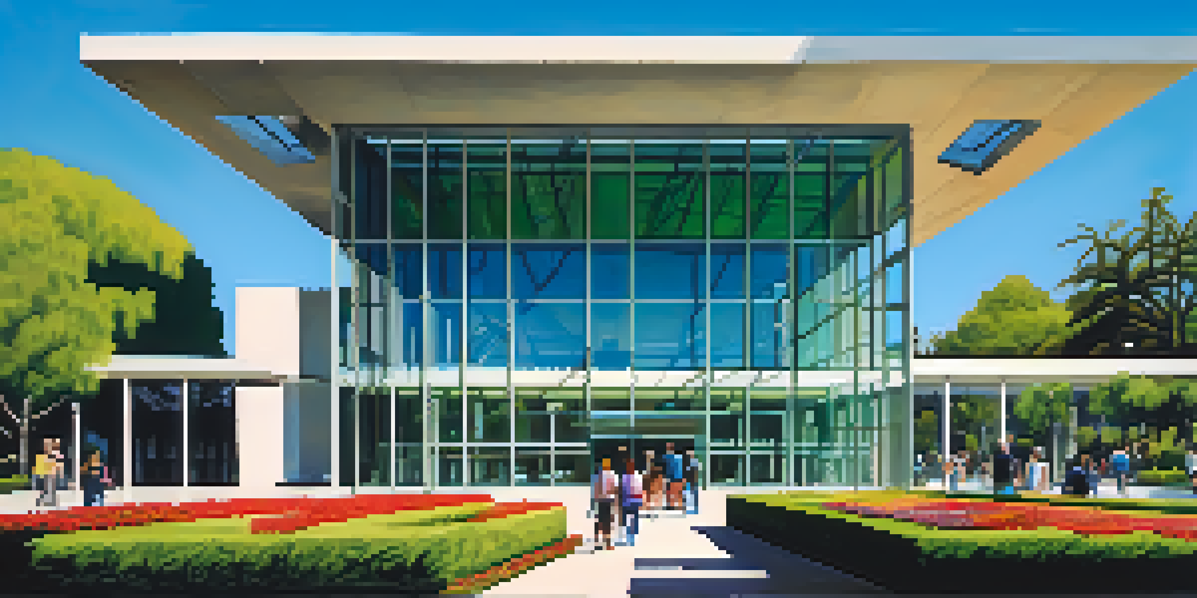 An image of the San Jose Museum of Art with modern architecture, surrounded by greenery and flowers under a clear blue sky.