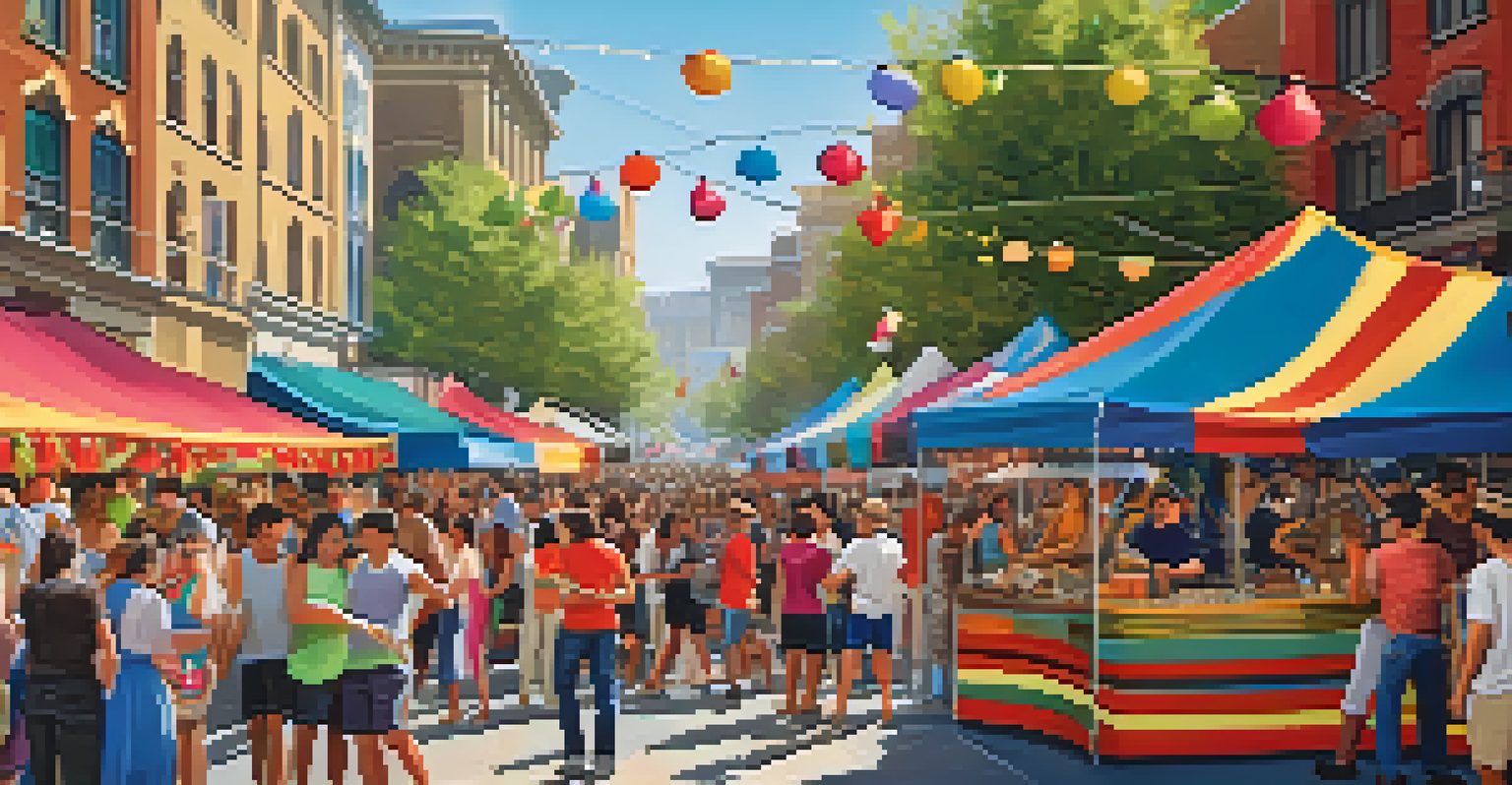 A lively street festival with local artists performing, colorful food stalls, and a vibrant community atmosphere.