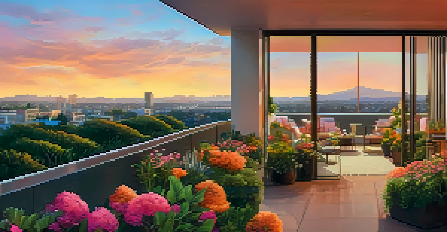 A close-up of a luxury apartment balcony with a rooftop garden, overlooking the San Jose skyline at sunset with colorful skies.