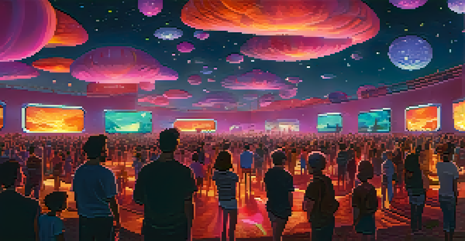 An outdoor digital art festival at dusk with glowing installations and projections, featuring people engaging with the art in a vibrant atmosphere.