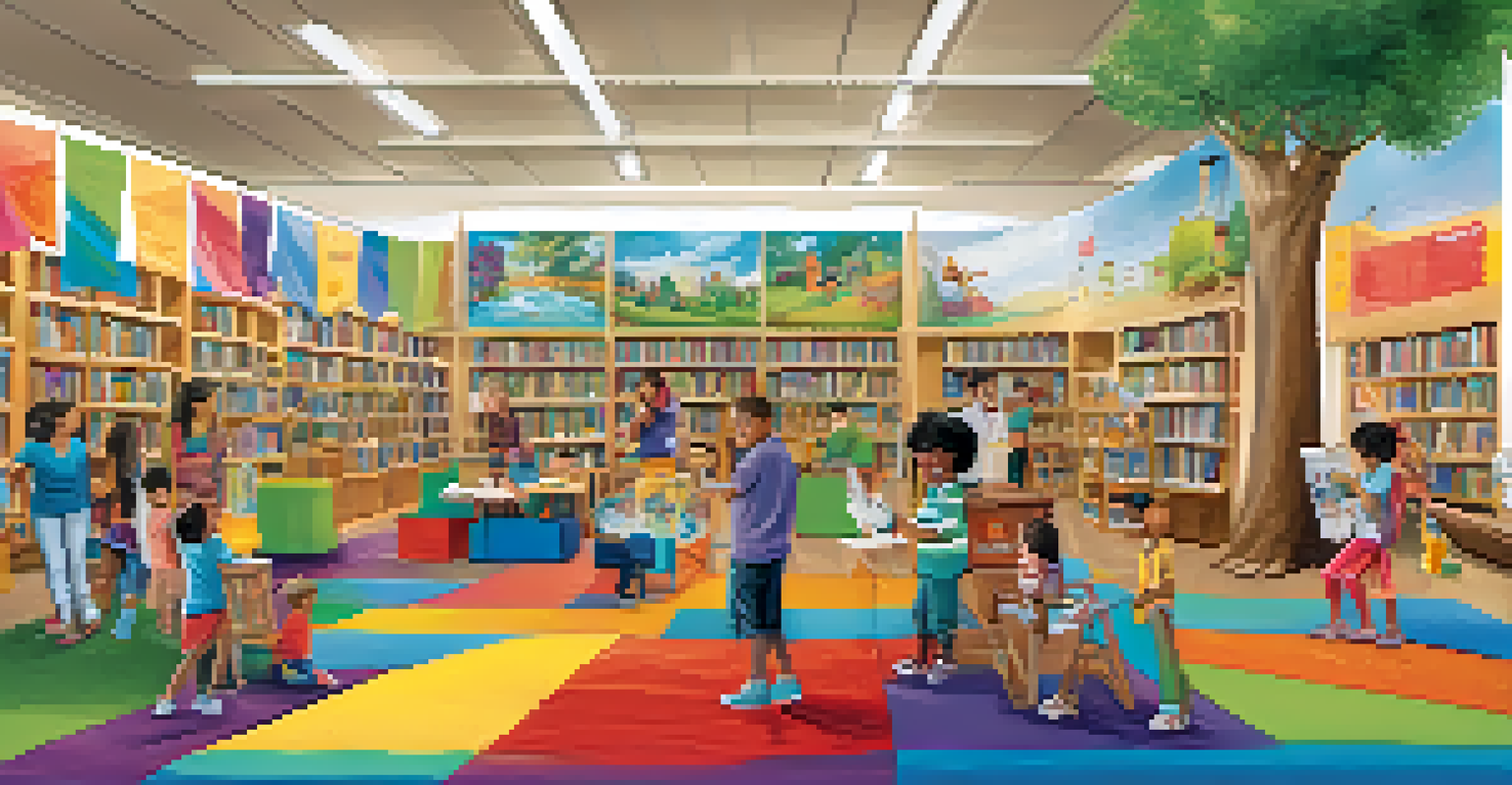 A lively Literacy Festival at a library with families enjoying interactive activities and storytelling sessions.
