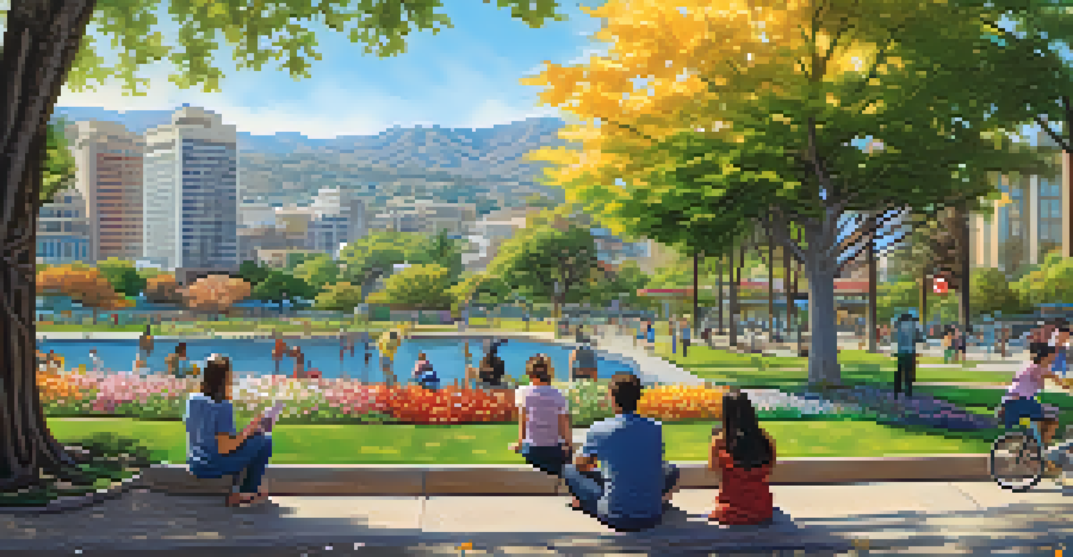 A family enjoying a sunny day at a park in San Jose, with a mural representing biotechnology innovation in the background.