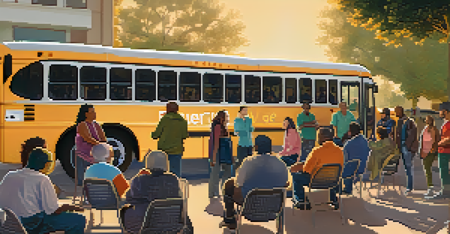 A community forum in San Jose with diverse residents discussing electric buses.