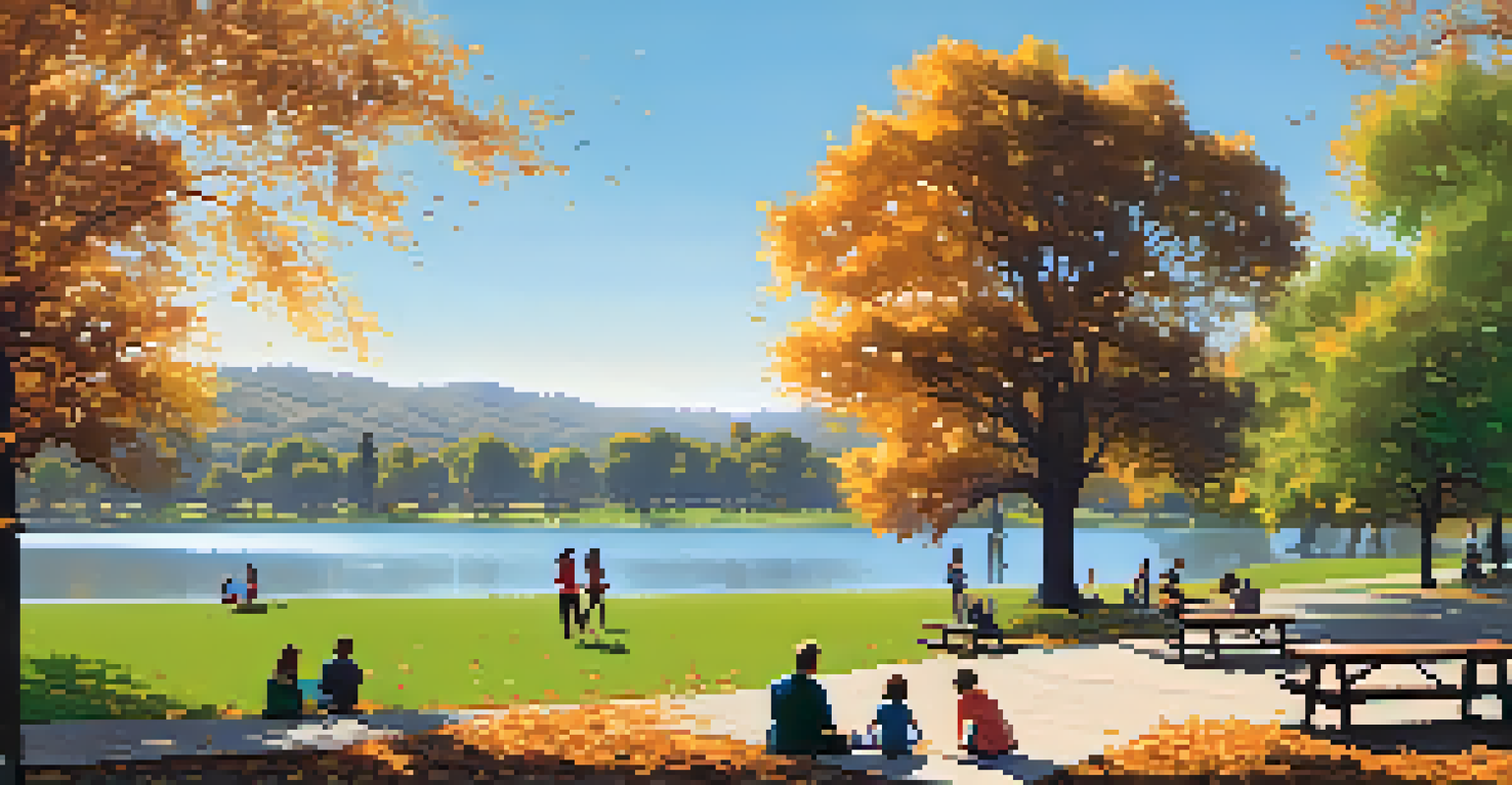 Families picnicking and children playing frisbee at Almaden Lake Park in San Jose during autumn, with colorful trees and a calm lake.