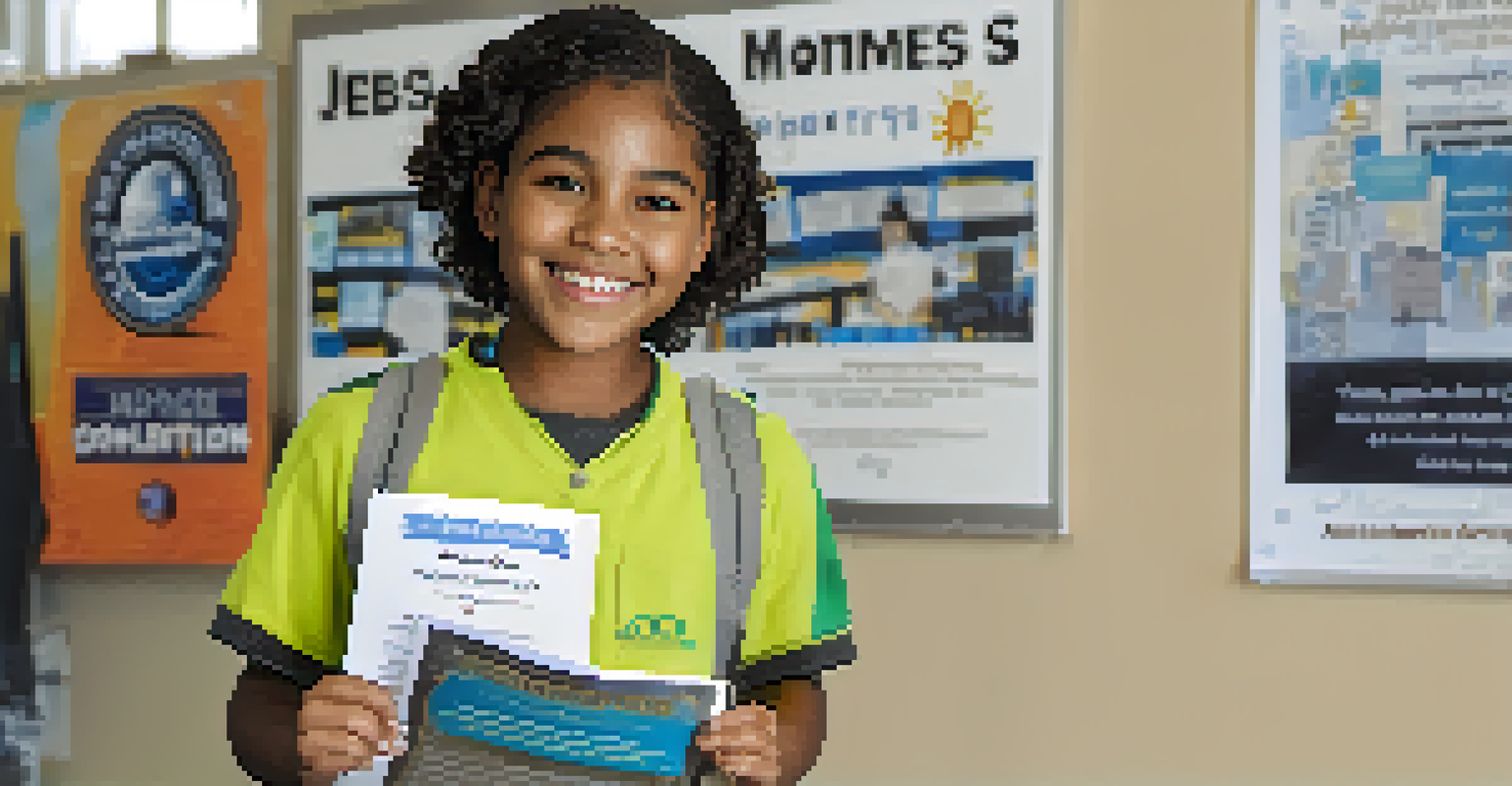 A young person holding a certificate, smiling in front of job skill posters from the Summer Jobs Program.