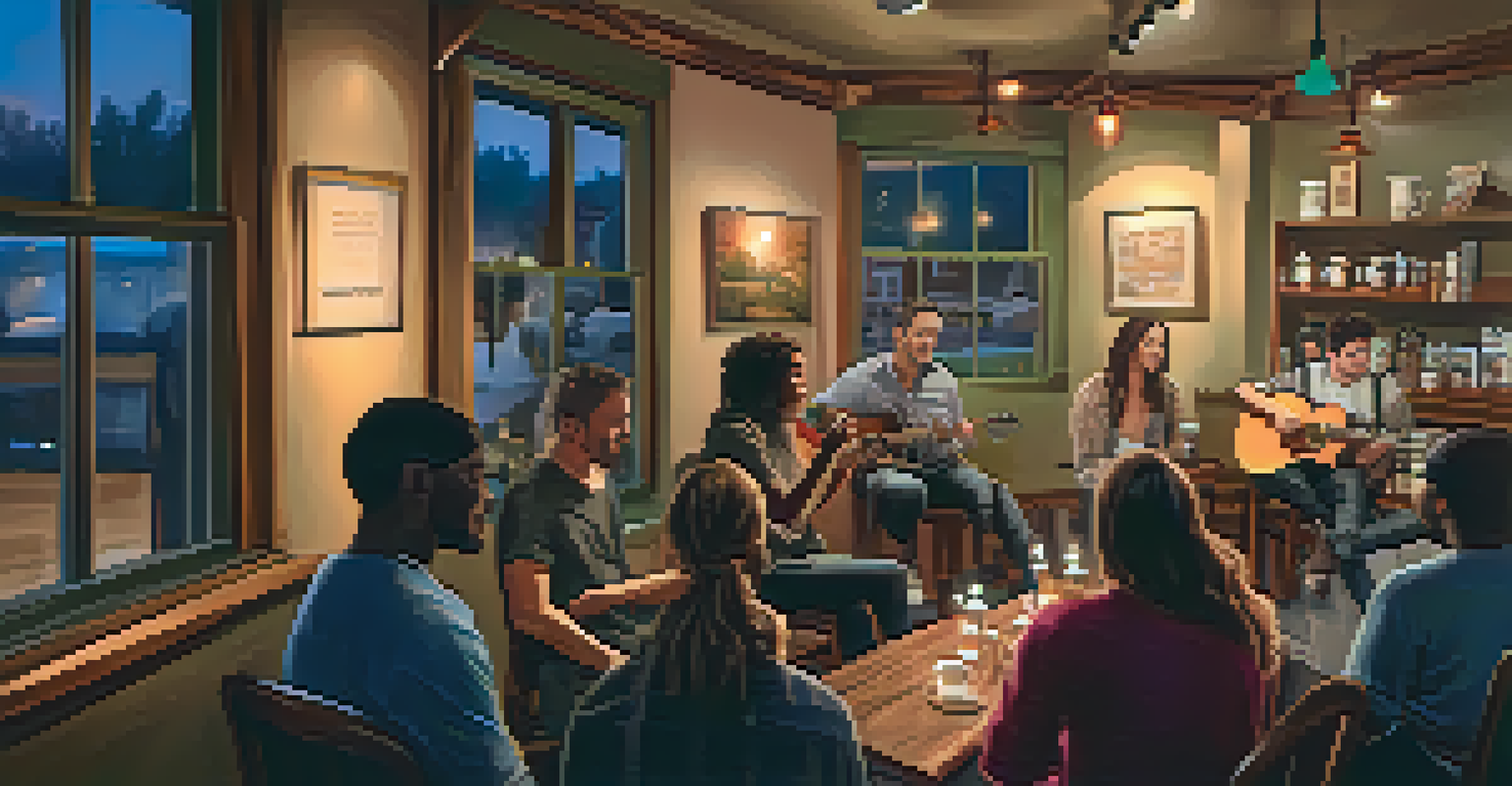 An open mic night at a coffee shop with musicians on stage and an audience enjoying the cozy atmosphere.