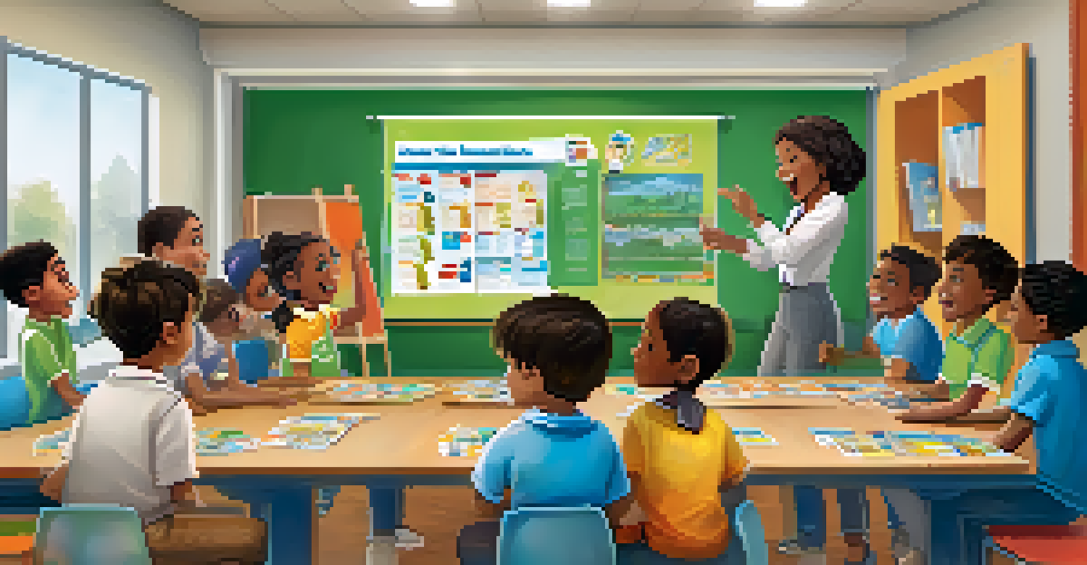 Children participating in a fun financial education activity in a bright classroom, with a facilitator guiding them.