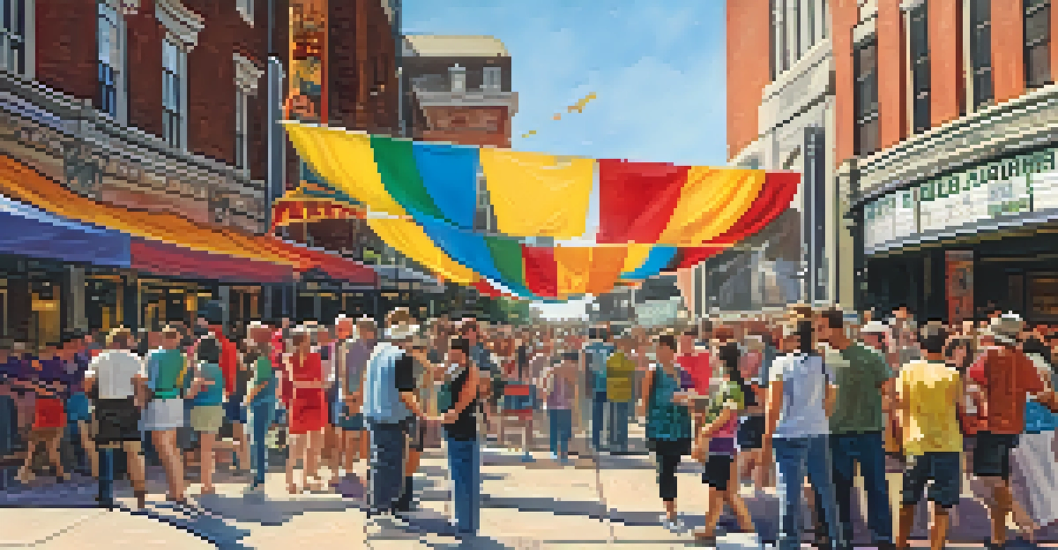 A theater festival with colorful banners and booths outside a historic building, where attendees are engaging in performances and workshops.