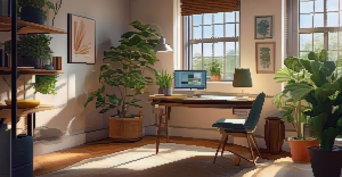 A person in a cozy home office engaged in a virtual healthcare consultation on a laptop, surrounded by health-related books and a potted plant.