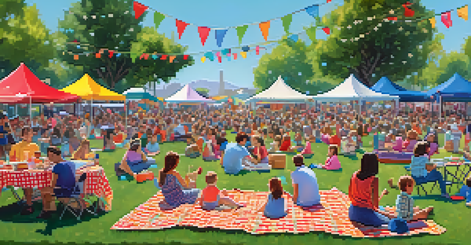 A family-friendly outdoor concert with children and parents enjoying music together, colorful picnic blankets, and fun activities.