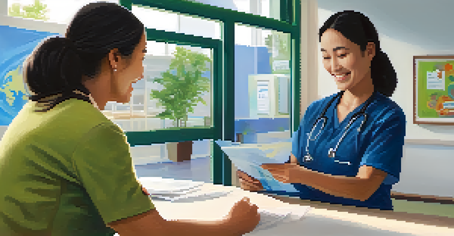 A healthcare worker assisting a refugee family in a bright clinic, showcasing warmth and compassion.