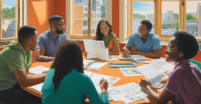 A diverse group of people engaged in a lively discussion about housing policies in a bright, well-lit room with colorful posters and natural light.
