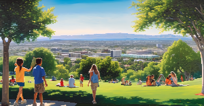 A panoramic view of San Jose with a clear blue sky, lush green park, and vibrant city skyline.