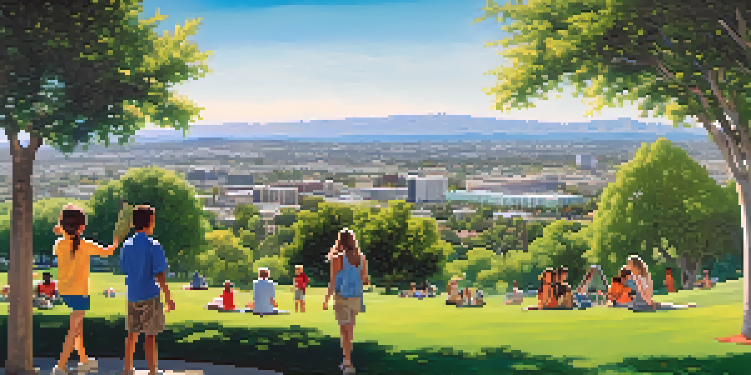 A panoramic view of San Jose with a clear blue sky, lush green park, and vibrant city skyline.