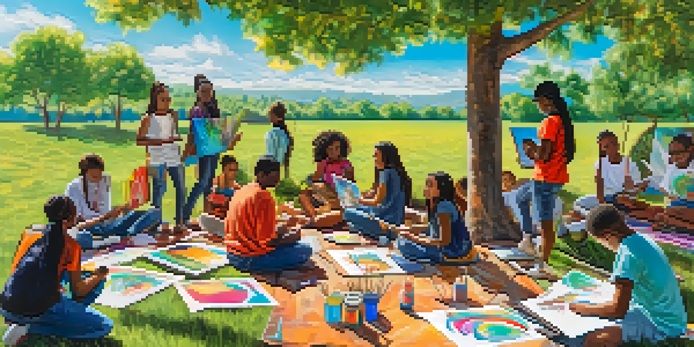 A diverse group of young people participating in an outdoor art workshop, creating colorful artworks that represent their cultural backgrounds.