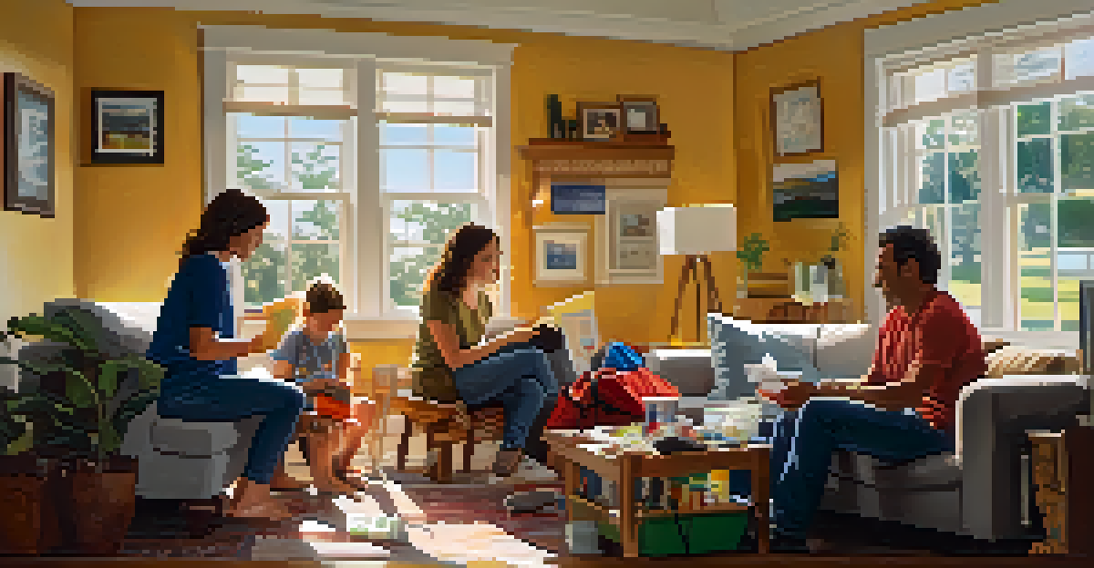 A family in a cozy living room packing an emergency preparedness kit with supplies like water and first aid items.