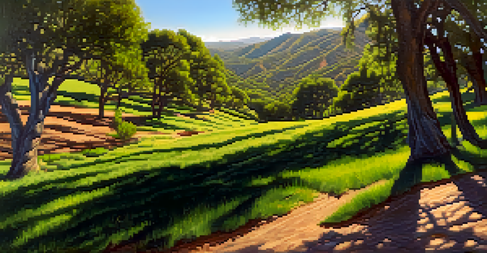A scenic view of Alum Rock Park with green trails, a creek, and rock formations under a sunny sky.