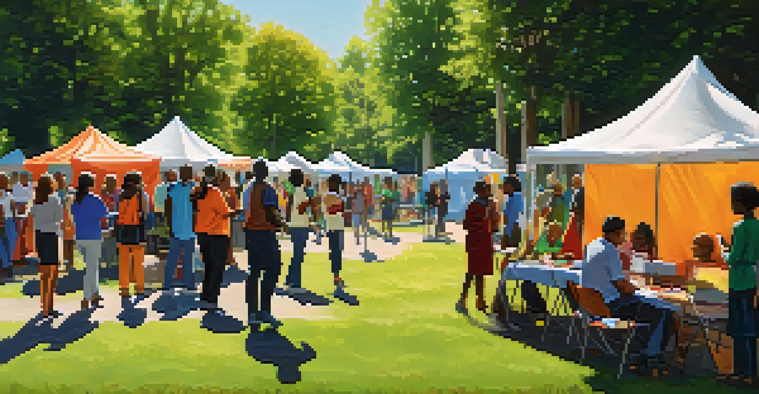 A diverse group of people attending a disaster preparedness workshop in a park, with colorful tents and sunlight filtering through the trees.