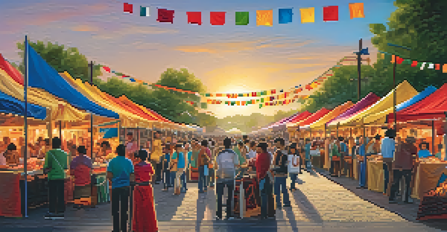 A lively cultural festival with local artisans showcasing crafts, colorful banners, and families enjoying performances.
