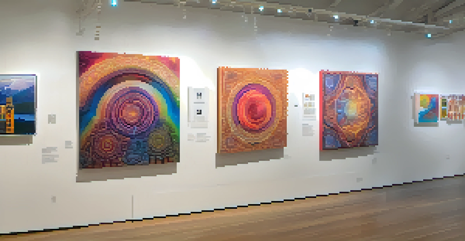 An interactive art installation in a gallery, showcasing colorful designs and inviting audience engagement on themes of identity.