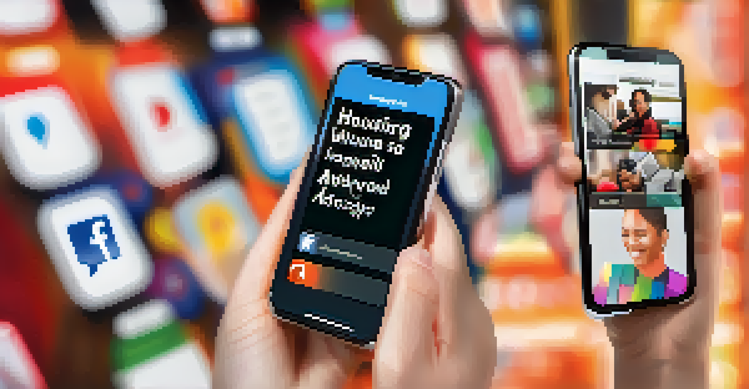 Close-up of hands holding a smartphone showing a social media post about housing advocacy, with a vibrant graphic and blurred background.