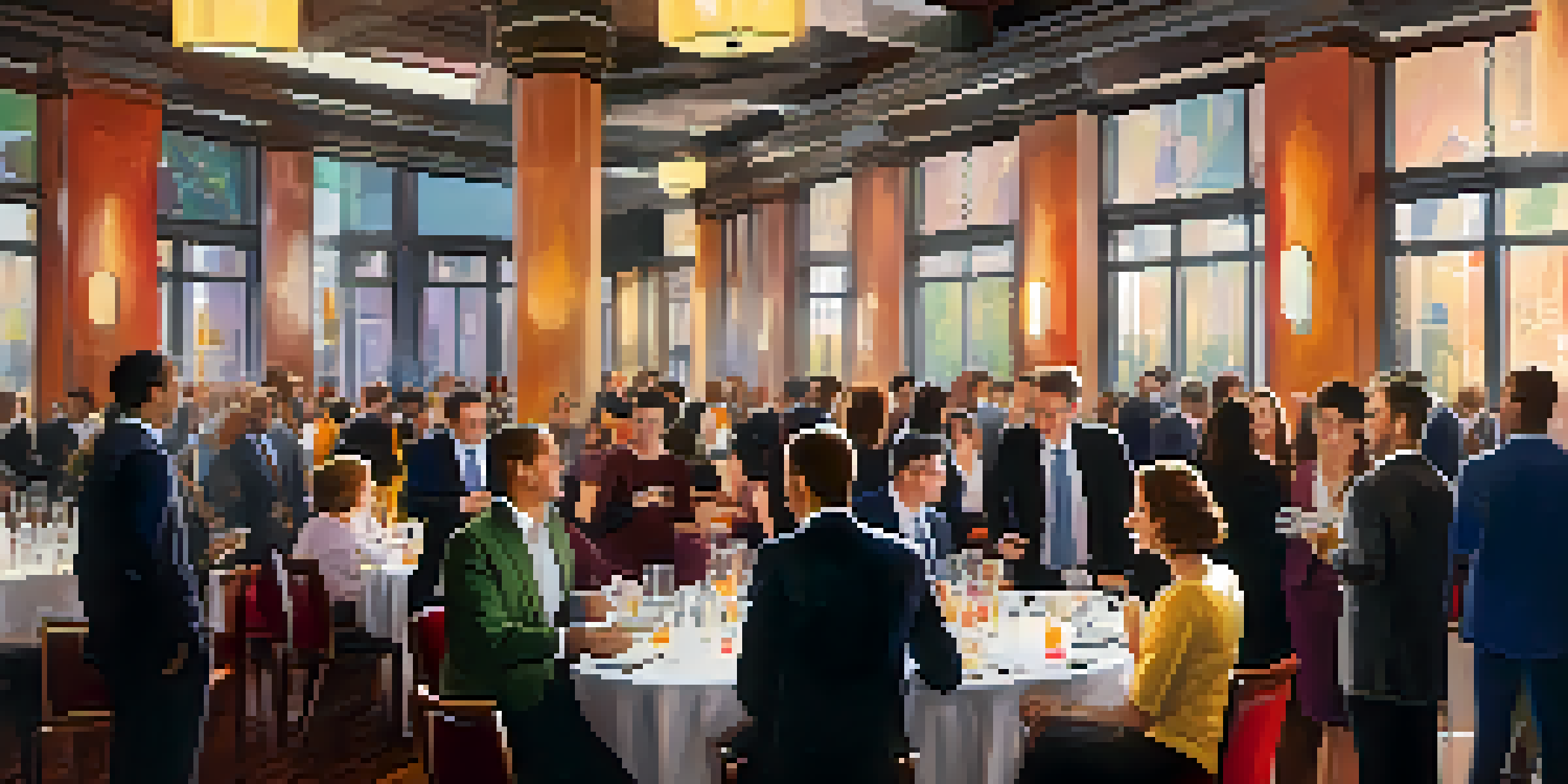 A lively networking event with diverse professionals talking and interacting, surrounded by a decorated venue.