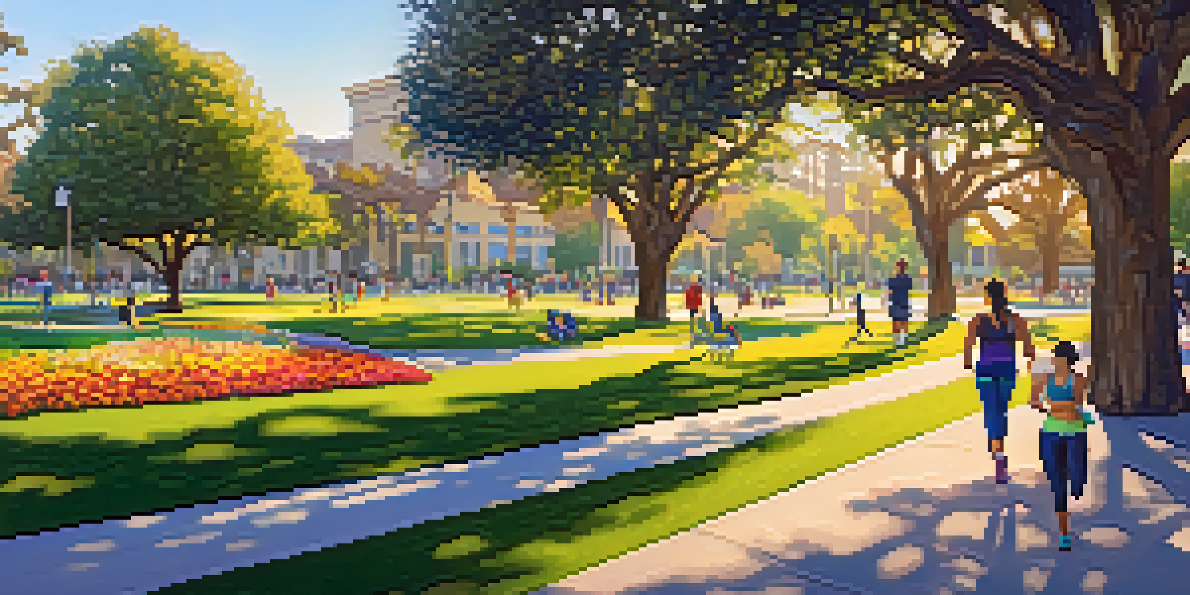A bustling urban park in San Jose with people jogging, walking dogs, and practicing yoga under soft sunlight and tall trees.
