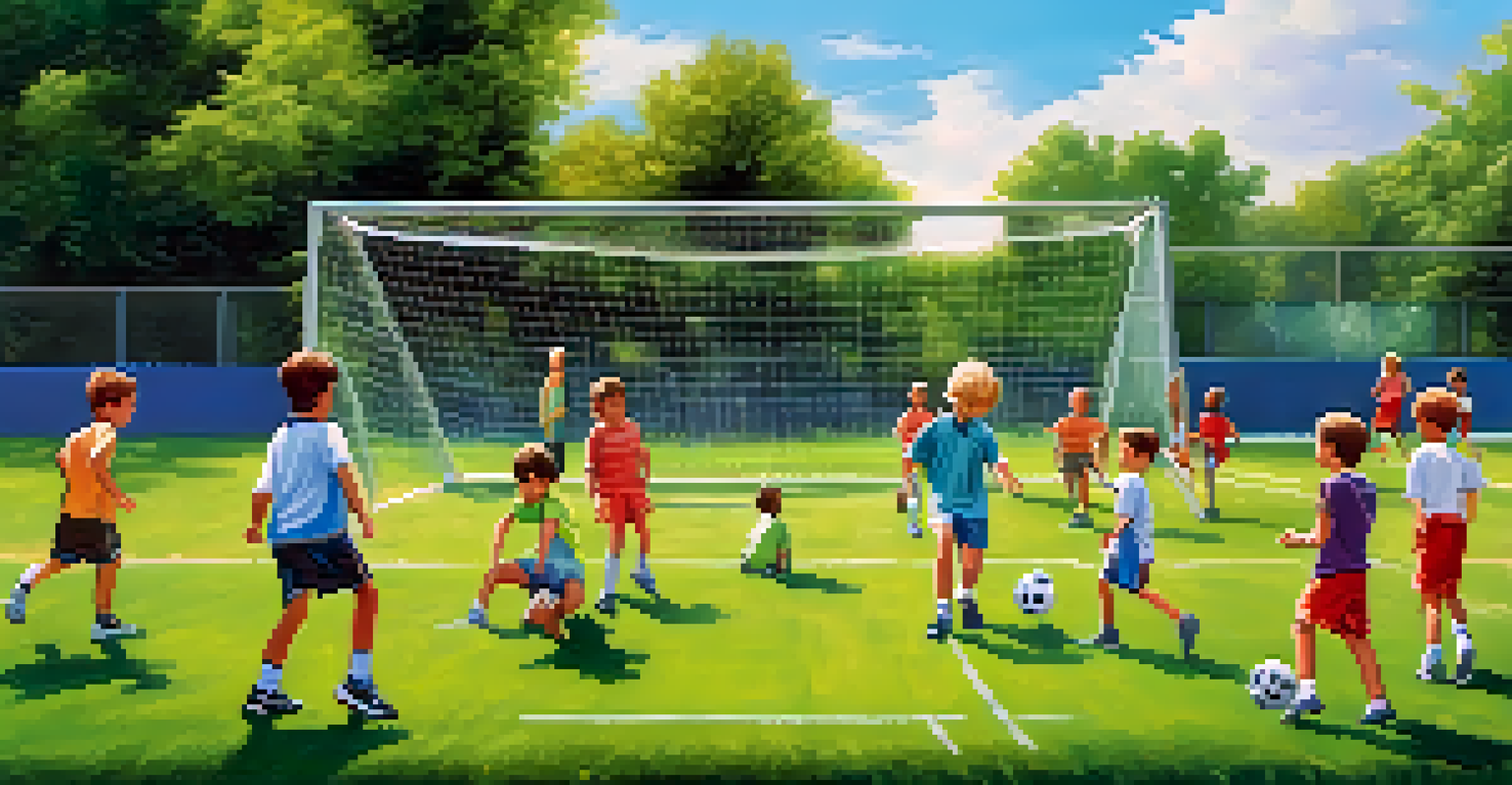 Children playing soccer in a park, promoting fitness and healthy living, with a coach encouraging them.