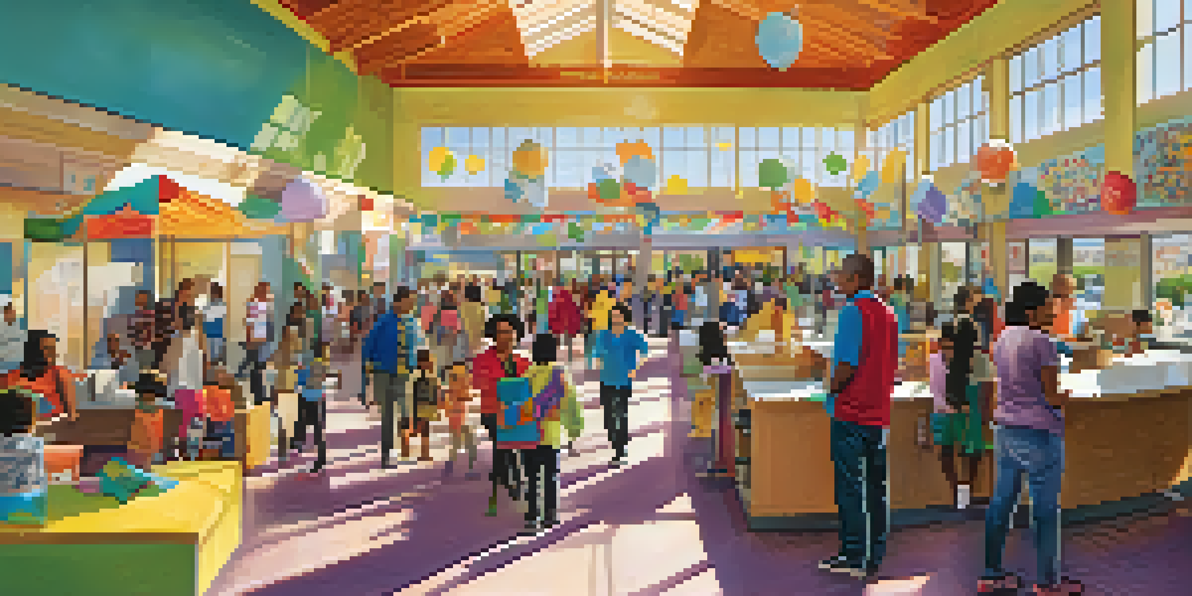 A busy community center in San Jose filled with families seeking low-income assistance, featuring diverse individuals and colorful informational booths.