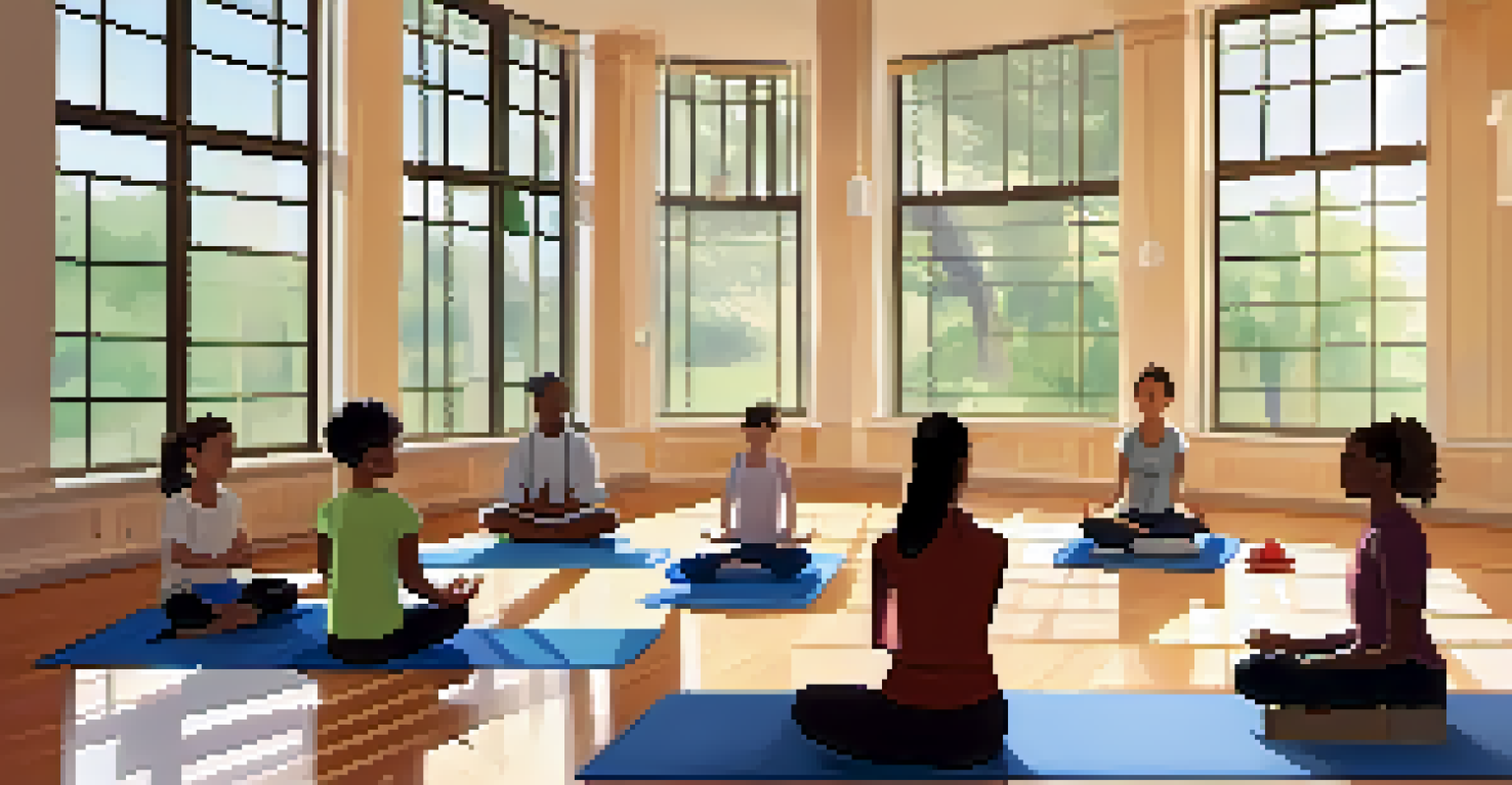 A peaceful classroom scene with students practicing mindfulness, sitting on yoga mats in a well-lit room with large windows, led by a teacher.